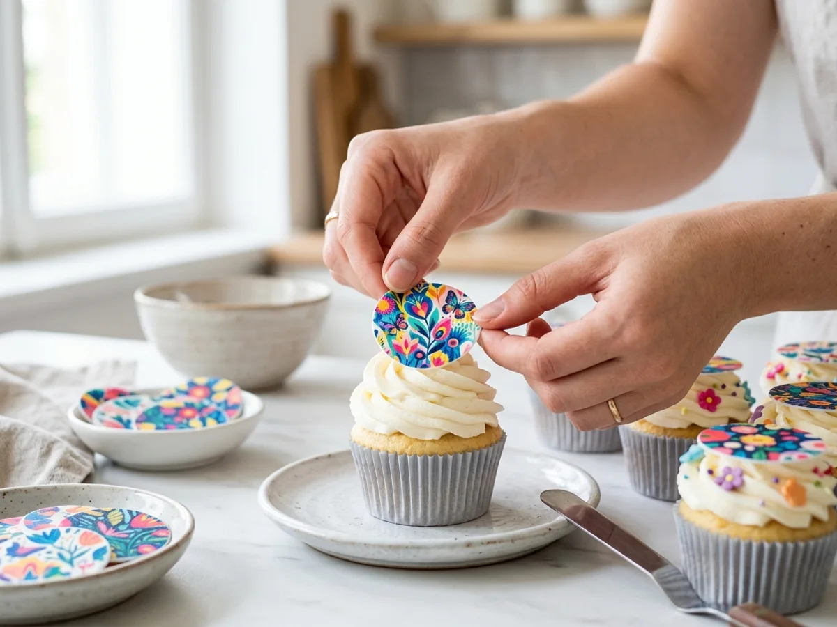 Aplikace jedlého obrázku na krémový cupcake