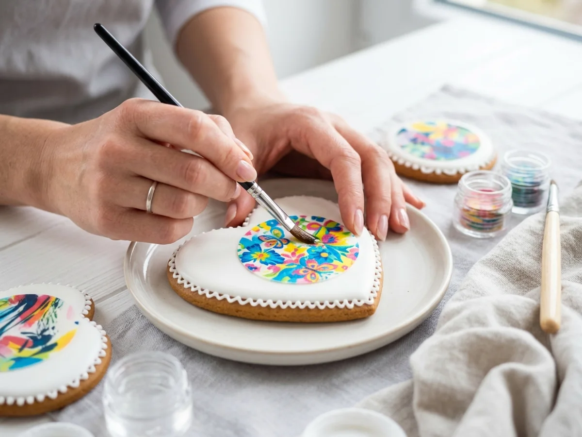 Detail lepení jedlého obrázku na zaschlou bílkovou glazuru