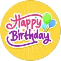 Kulatý jedlý obrázek na dort – Happy Birthday, žluté paprsky a hvězdičky (žlutá, růžová, fialová)