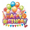 Kulatý jedlý obrázek na dort – Happy Birthday, dárek, čepička a girlanda (duhová, fialová, žlutá)