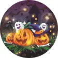 Kulatý jedlý obrázek na dort – Halloween, Tři dýně a duchové (fialová, žlutá, černá)