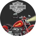 Kulatý jedlý obrázek na dort – Harley Davidson, červená motorka s emblémem (černá, červená, šedá)