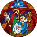 Kulatý jedlý obrázek na dort – Betlém mozaika (modrá, červená, hnědá)