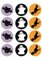 List jedlých koleček na cupcakes – Halloween, netopýr a čarodějnice na mřížce (černá, fialová, žlutá)