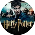 Kulatý jedlý obrázek na dort – Harry Potter Bitva o Bradavice, Harry a přátelé (černá, zlatá, modrá)