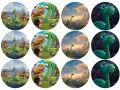 List jedlých koleček na cupcakes – Hodný dinosaurus cupcakes (zelená, modrá, hnědá)