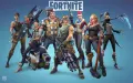 Obdélníkový jedlý obrázek na dort – Fortnite, hrdinové na modré mřížce (modrá, černá, šedá)