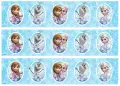 Obdélníkový jedlý papír k výřezu – Frozen, pásy s medailonky postav (modrá, bílá, fialová)