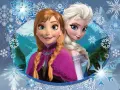 Obdélníkový jedlý obrázek na dort – Frozen, Medailonek sester a zasněžené hory (modrá, bílá, fialová)