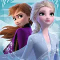 Obdélníkový jedlý obrázek na dort – Frozen, Portrét sester s hradem Arendelle (modrá, fialová, bílá)