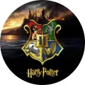 Kulatý jedlý obrázek na dort – Harry Potter, Bradavický znak a hrad v noci (černá, zlatá, modrá)