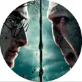 Kulatý jedlý obrázek na dort – Harry Potter vs Lord Voldemort (černá, modrá, šedá)