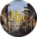 Kulatý jedlý obrázek na dort – Harry Potter Příčná ulice (hnědá, zlatá, šedá)