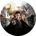 Kulatý jedlý obrázek na dort – Harry Potter Golden Trio, Hogwarts Express (hnědá, černá, zlatá)