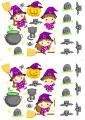 Obdélníkový jedlý papír k výřezu – Halloween, Čarodějnice, pavoučci a náhrobek (fialová, žlutá, černá)