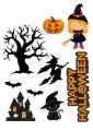 Obdélníkový jedlý papír k výřezu – Halloween, čarodějka s koštětem a hrad (černá, žlutá, bílá)