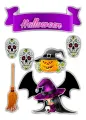 Obdélníkový jedlý papír k výřezu – Halloween, čarodějka a mexické lebky (fialová, černá, žlutá)