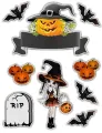 Obdélníkový jedlý papír k výřezu – Halloween, čarodějka, náhrobek a stuha (černá, žlutá, šedá)