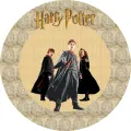 Kulatý jedlý obrázek na dort – Harry Potter Golden Trio, s erby Nebelvíru (hnědá, černá, zlatá)