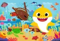 Obdélníkový jedlý obrázek na dort – Baby Shark, žlutý žralůček a vrak lodi (žlutá, modrá, zelená)