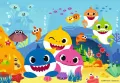 Obdélníkový jedlý obrázek na dort – Baby Shark, rodinka, medúzy a mušle (modrá, žlutá, růžová)