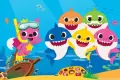 Obdélníkový jedlý obrázek na dort – Baby Shark, rodinka s lišákem a vrakem lodi (modrá, žlutá, růžová)