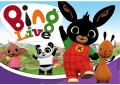 Obdélníkový jedlý obrázek na dort – Bing, s přáteli a nápisem Bing Live (zelená, červená, fialová)