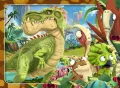 Obdélníkový jedlý obrázek na dort – Dinosauři, zelený ještěr v pralese (zelená, modrá, hnědá)
