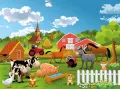 Obdélníkový jedlý obrázek na dort – Farma, zvířátka, červená stodola a traktor (zelená, modrá, červená)
