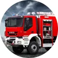 Kulatý jedlý obrázek na dort – Hasičské auto, s hadicemi a tmavou oblohou (červená, šedá, modrá)