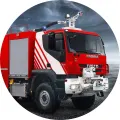 Kulatý jedlý obrázek na dort – Hasičské auto, Iveco Magirus s bílými pruhy (červená, bílá, šedá)