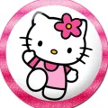 Kulatý jedlý obrázek na dort – Hello Kitty, mávající s kytičkou na oušku (růžová, bílá, černá)