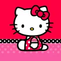 Kulatý jedlý obrázek na dort – Hello Kitty, sedící na puntíkatém pozadí (růžová, bílá, černá)