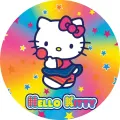 Kulatý jedlý obrázek na dort – Hello Kitty, s lízátkem a duhou (duhová, růžová, bílá)