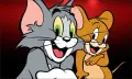 Obdélníkový jedlý obrázek na dort – Tom a Jerry, smějící se na červeném pozadí (červená, šedá, hnědá)