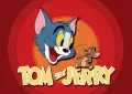 Obdélníkový jedlý obrázek na dort – Tom a Jerry, ikonický terč a žlutý nápis (červená, modrá, žlutá)