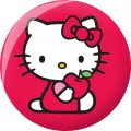 Kulatý jedlý obrázek na dort – Hello Kitty, s červeným jablíčkem (červená, bílá, černá)