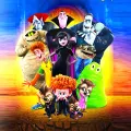 Kulatý jedlý obrázek na dort – Hotel Transylvania, parta u hradu na žluté (černá, modrá, zelená)