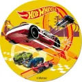 Kulatý jedlý obrázek na dort – Hot Wheels, Bílo-červený sporťák na žluté (žlutá, červená, modrá)