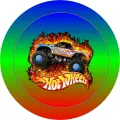 Kulatý jedlý obrázek na dort – Hot Wheels, Monster truck skákající z plamenů (modrá, zelená, červená)