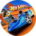 Kulatý jedlý obrázek na dort – Hot Wheels, Modrý závoďák a skok na dráze (modrá, červená, žlutá)