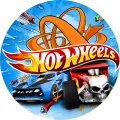 Kulatý jedlý obrázek na dort – Hot Wheels, Modré kupé a červený hot rod (modrá, červená, žlutá)