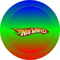 Kulatý jedlý obrázek na dort – Hot Wheels, Ohnivé logo na duhovém pozadí (zelená, modrá, červená)