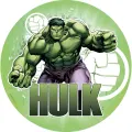 Kulatý jedlý obrázek na dort – Hulk, postava se zaťatými pěstmi a nápis (zelená, fialová, černá)