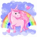 Kulatý jedlý obrázek na dort – Jednorožec, Unicorn: Růžový s létajícími srdíčky (růžová, fialová, duhová)