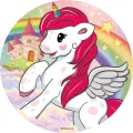 Kulatý jedlý obrázek na dort – Jednorožec, Unicorn: Okřídlený poník u zámku (růžová, bílá, duhová)