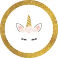 Kulatý jedlý obrázek na dort – Jednorožec, Unicorn: Zavřená víčka s růžemi (zlatá, růžová, bílá)