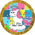 Kulatý jedlý obrázek na dort – Jednorožec, Unicorn: Zlatý roh a třpytivý rám (růžová, modrá, zlatá)