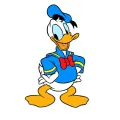 Kulatý jedlý obrázek na dort – Kačer Donald, s rukama v bok na bílém (modrá, žlutá, bílá)