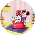 Kulatý jedlý obrázek na dort – Káťa a Škubánek, v červeném křesle (červená, žlutá, bílá)
